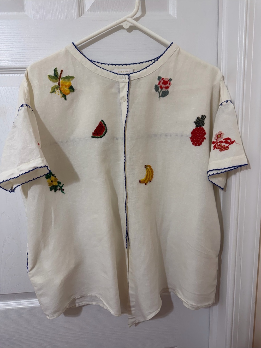 Cream Embroidered Fruit Short-Sleeve Blouse with Navy Trim